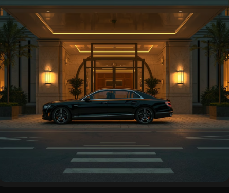 Luxury hotel valet arrival scene with premium vehicle and elegant entrance