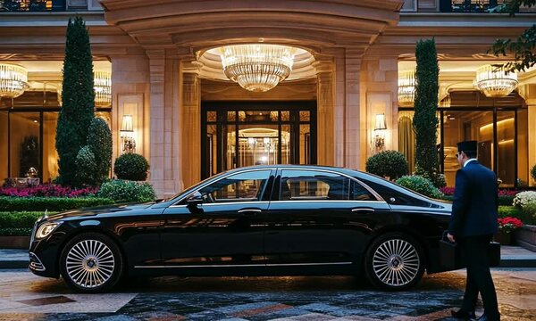 Luxury hotel valet arrival scene with premium vehicle and elegant entrance